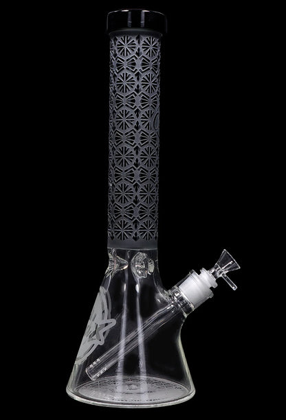 A front view of the 15-inch Cloud Cali Engraved Thick Base Beaker Water Pipe, displaying intricate engravings on clear glass.