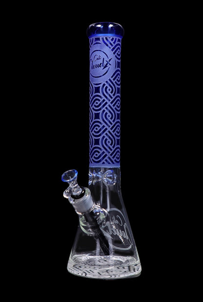 Front view of the Cloud Cali X 15-inch Engraved Thick Base Beaker Water Pipe, featuring detailed engravings on its clear glass base.