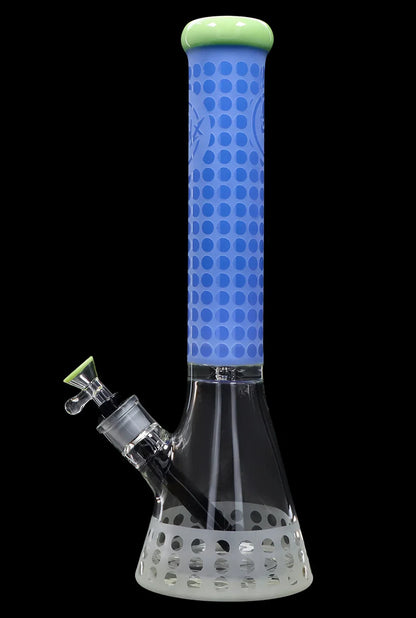 Blue glass bong with white lattice base and green mouthpiece.