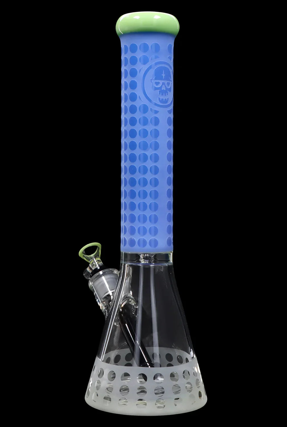 Blue glass bong with a patterned silicone neck and perforated base.