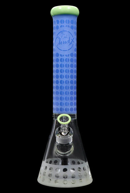 Blue and clear glass water pipe (bong) with a patterned sleeve and protective base.