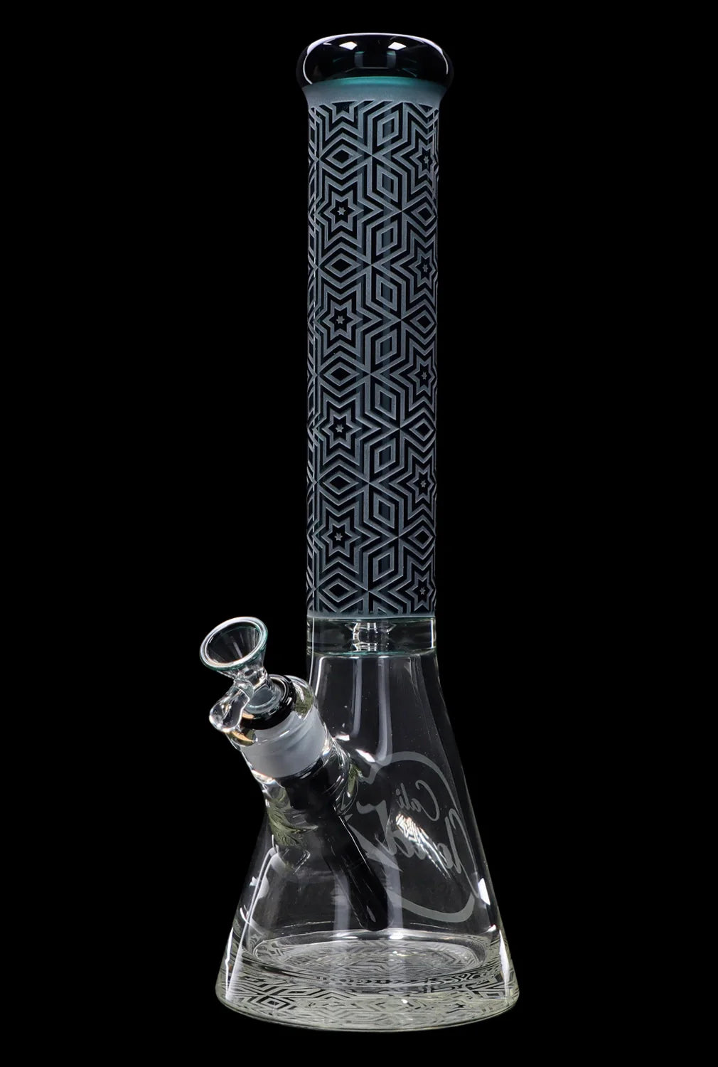 A glass bong with a geometric patterned neck and etched detailing, against a black background.