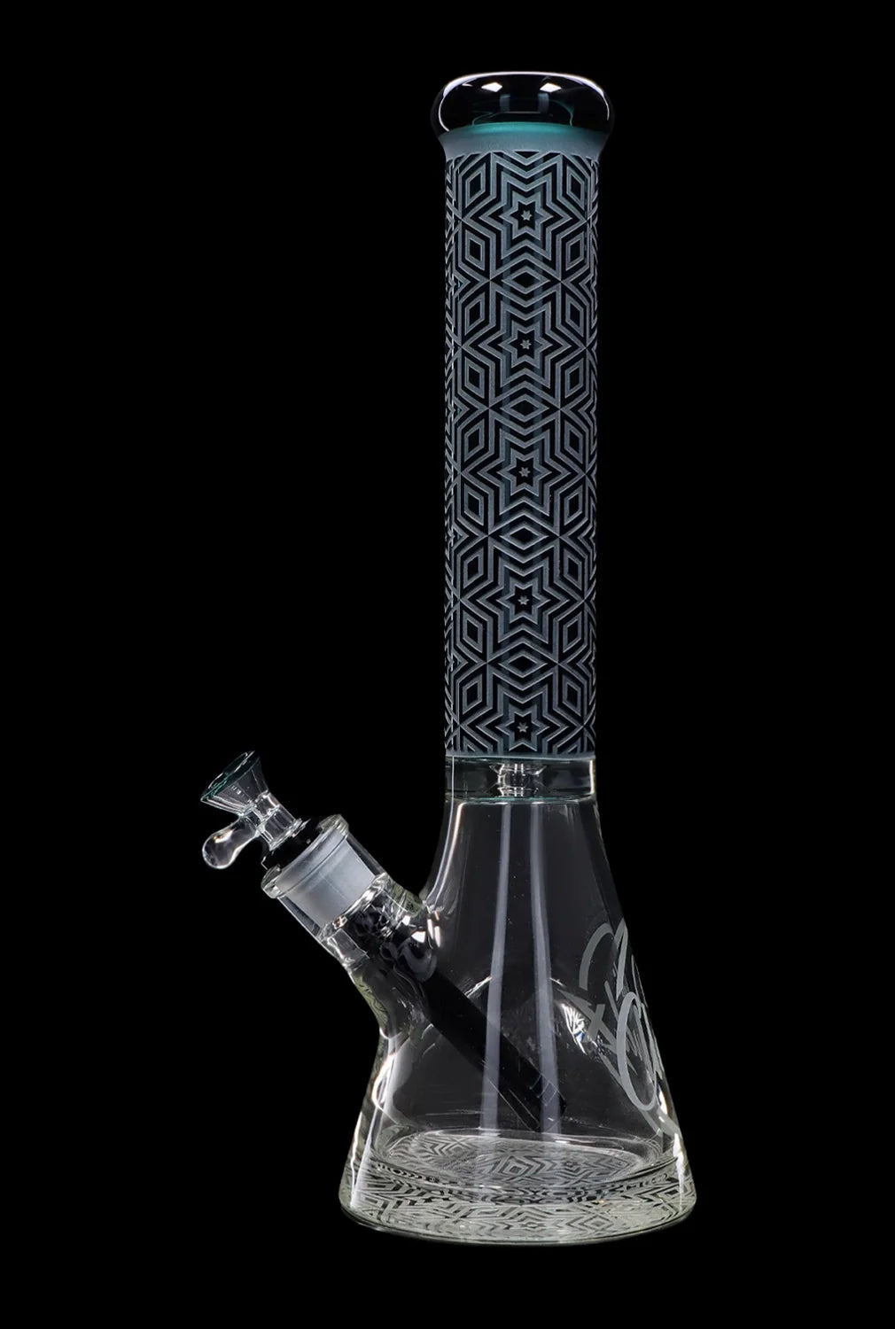 Glass bong with geometric pattern and ice catcher.