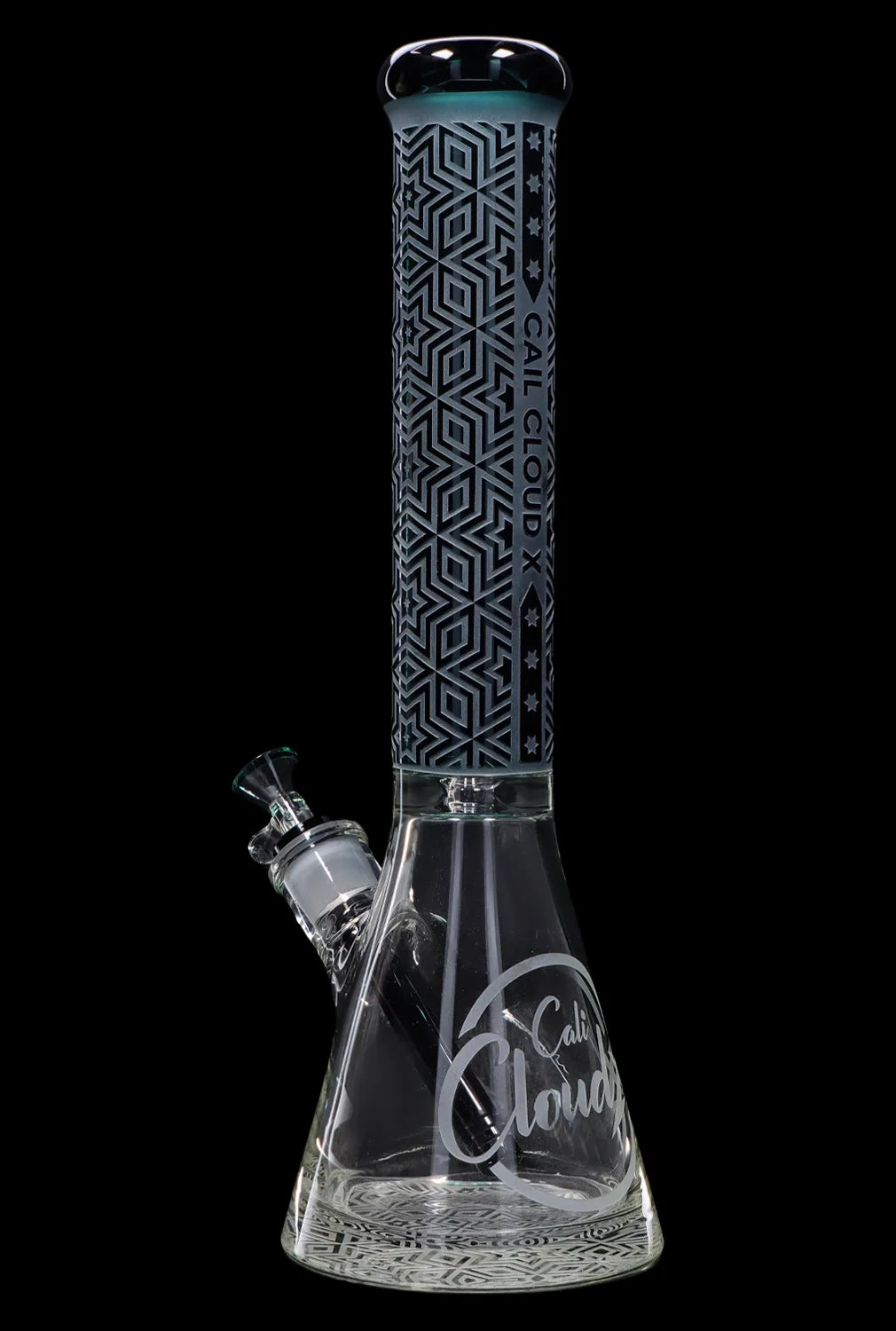 Engraved glass water pipe ("bong") with ice catcher and "Cali Cloud" branding.