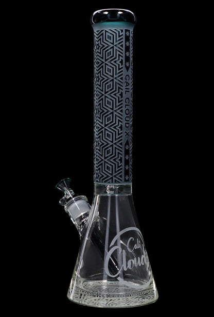 Engraved glass water pipe ("bong") with ice catcher and "Cali Cloud" branding.