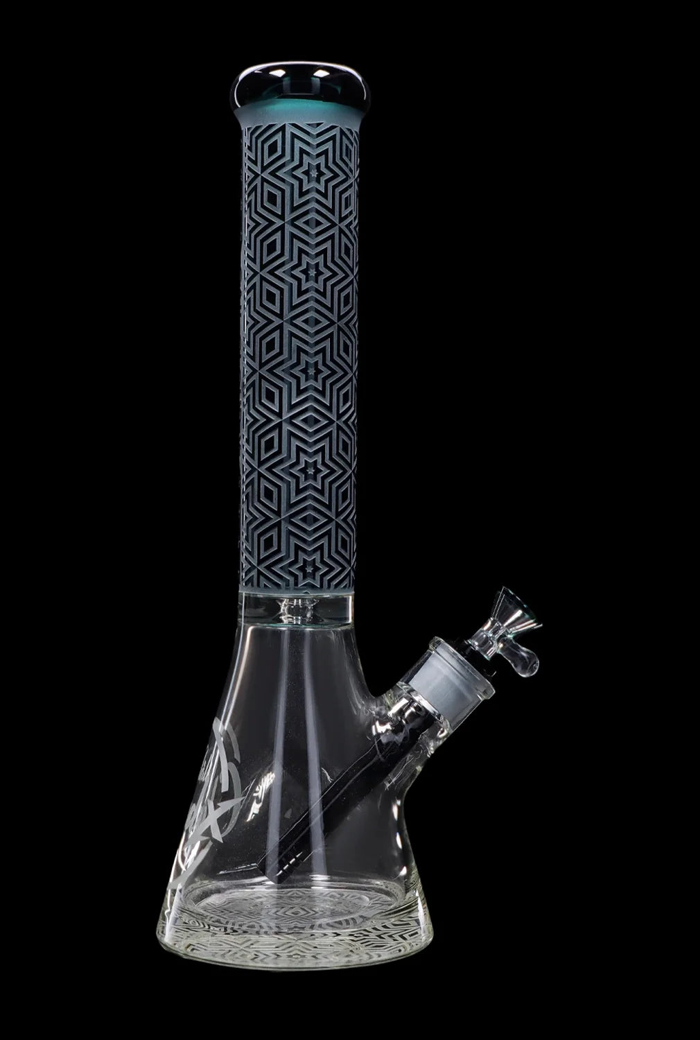 A tall glass bong with a geometric pattern and blue accents, against a black background.