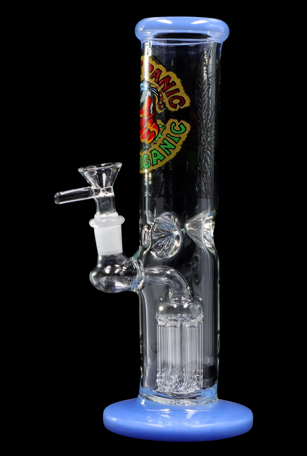 Blue glass water pipe (bong) with intricate percolators and a glass bowl.