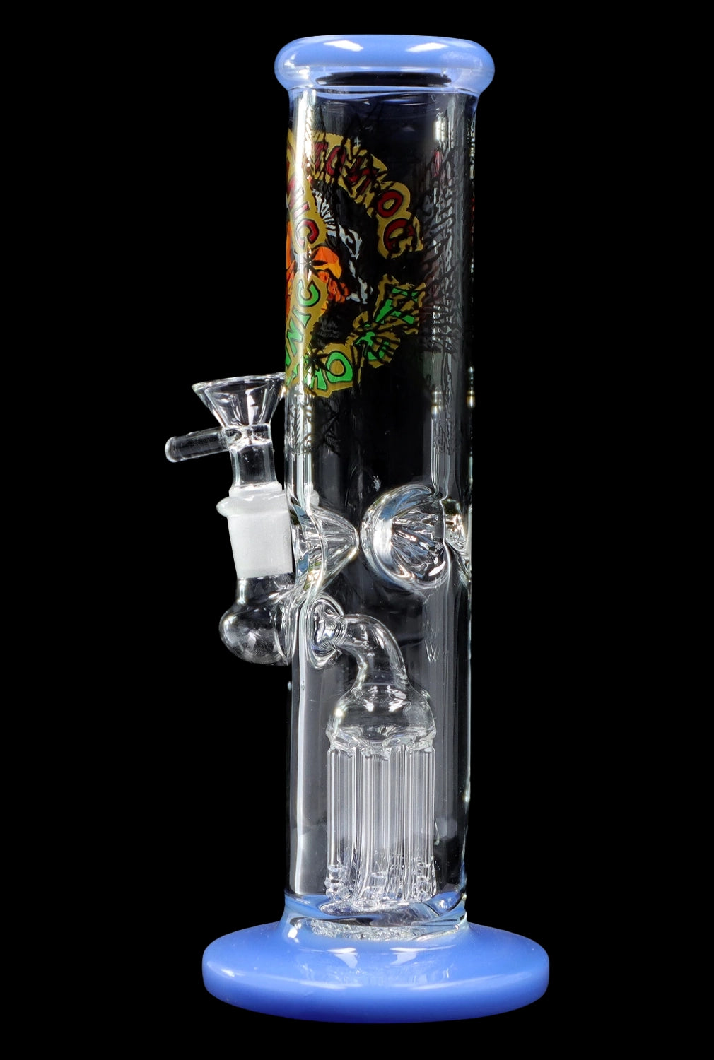 Blue glass bong with dragon decals and multiple diffusion chambers.