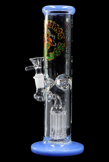 Blue glass bong with dragon decals and multiple diffusion chambers.