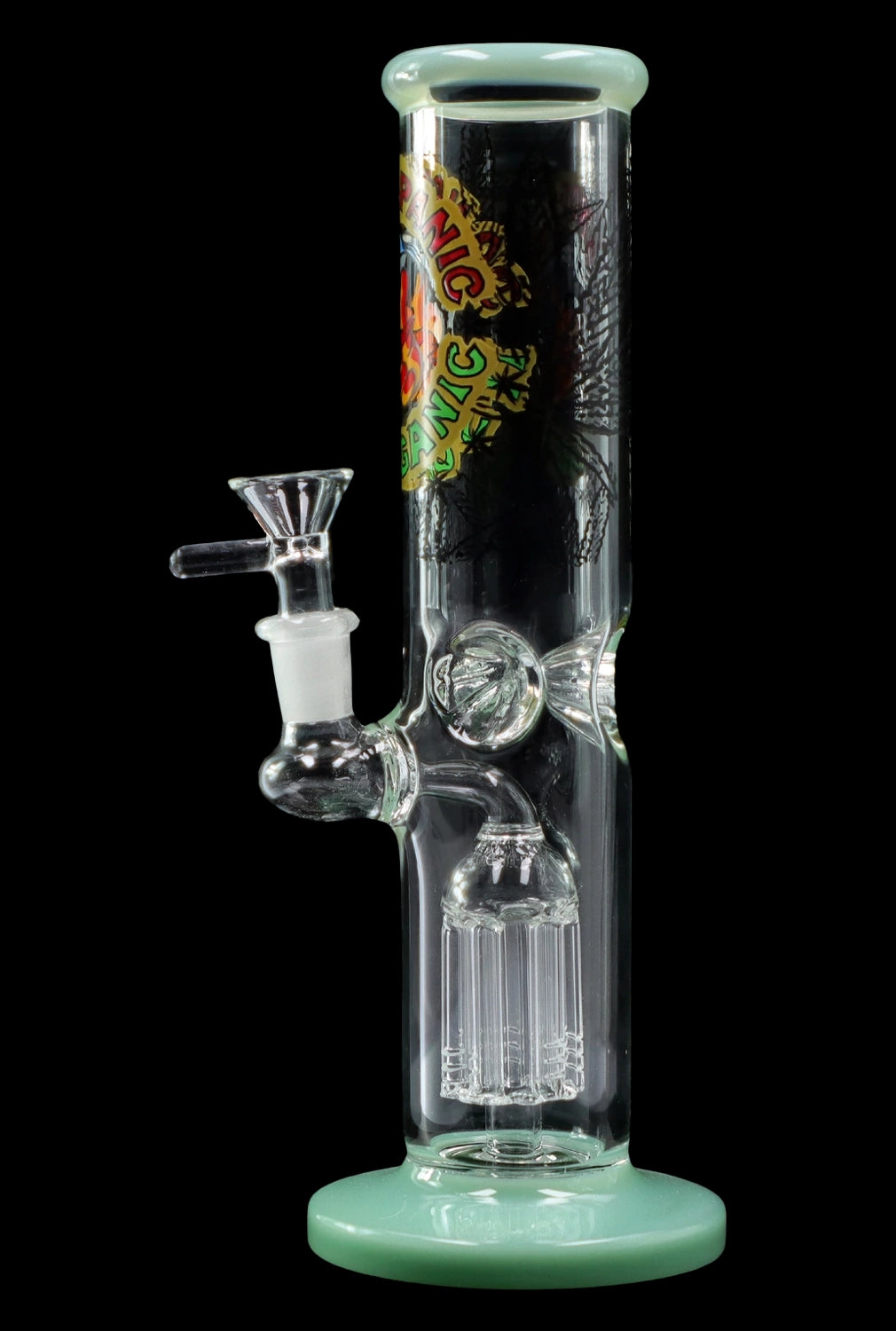 Green glass water pipe (bong) with intricate perc diffusion and patterned design.