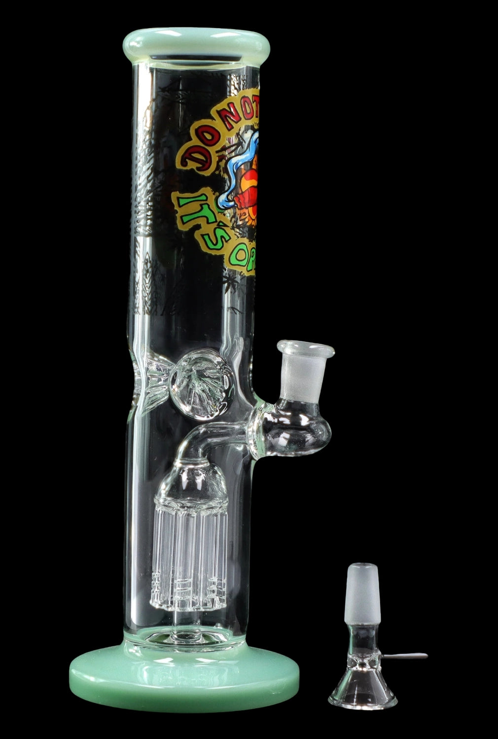 Glass bong with percolator and tattoo-style design.