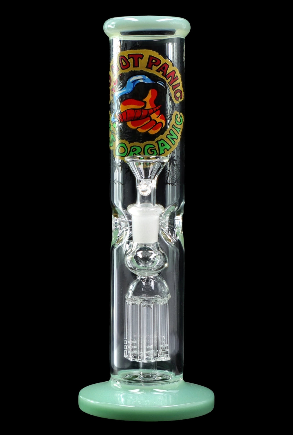 Mint green glass water pipe (bong) with percolators and a “Don’t Panic” branded decal.