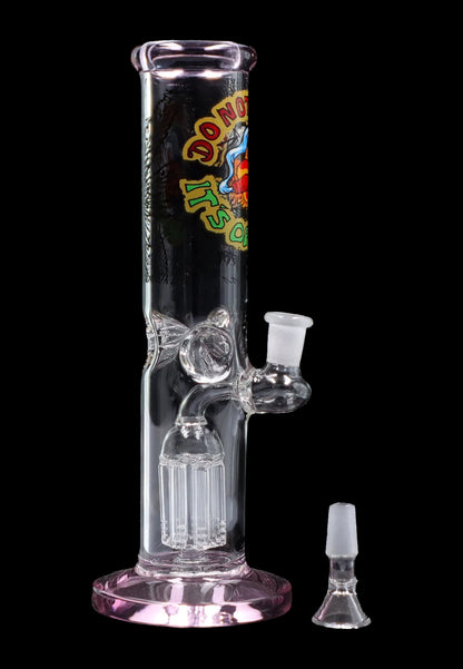 Pink glass water pipe with ice chamber and detachable downstem.