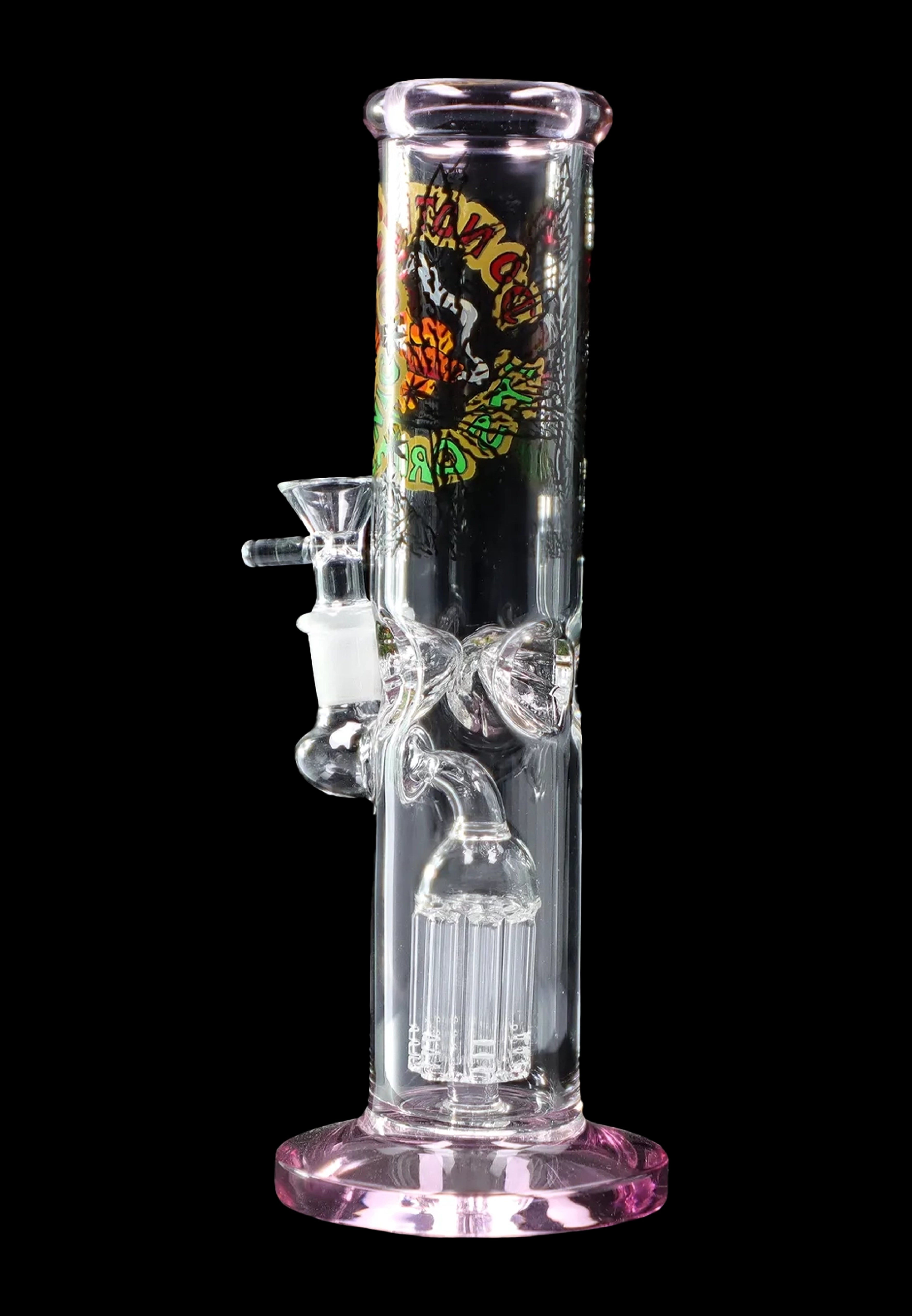 Glass water pipe (bong) with colorful dragon tattoo design.