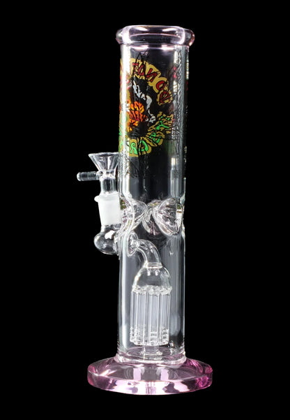 Glass water pipe (bong) with colorful dragon tattoo design.