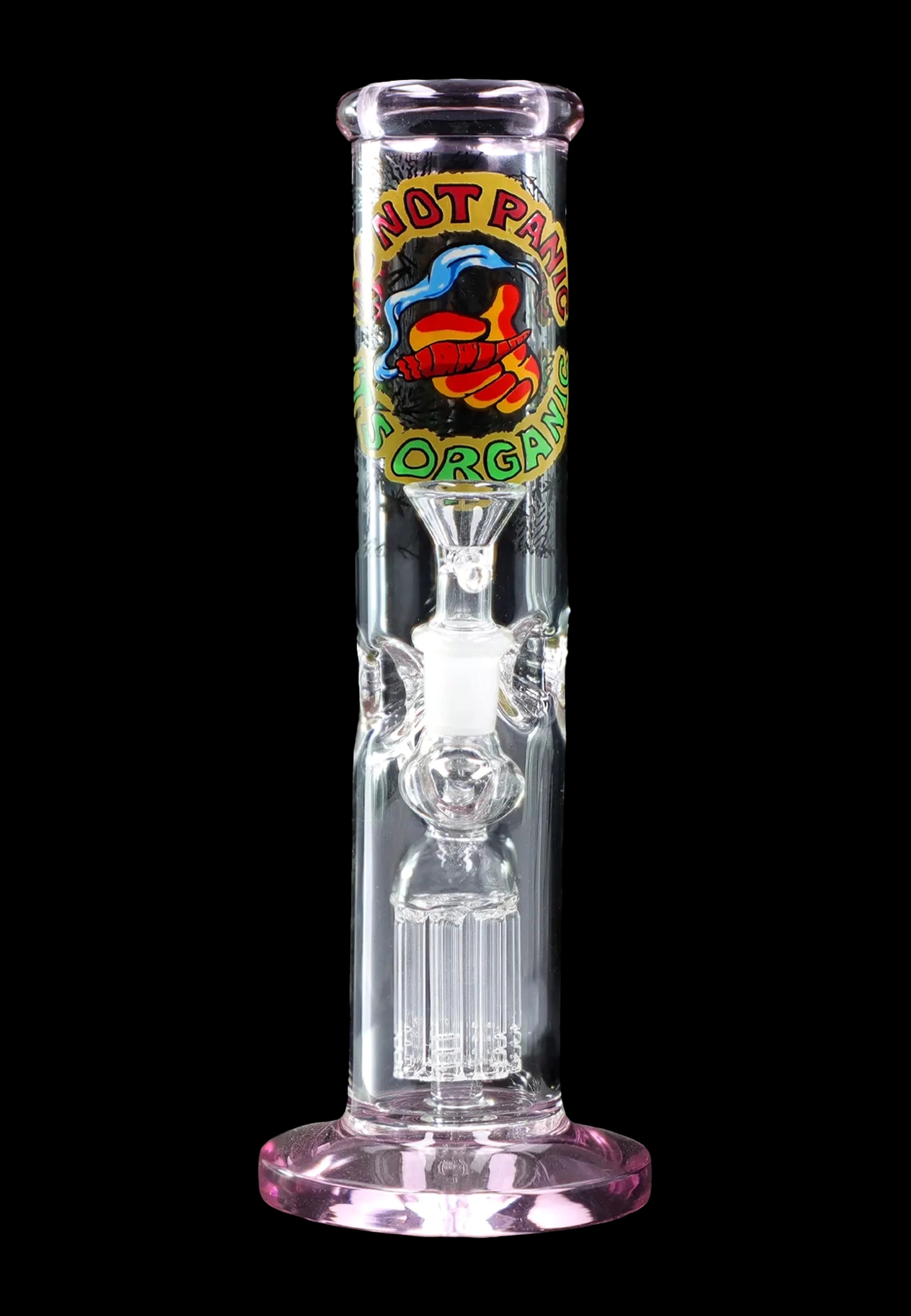Pink glass water pipe (""bong"") with percolators and ""Not Panic Organic"" logo."