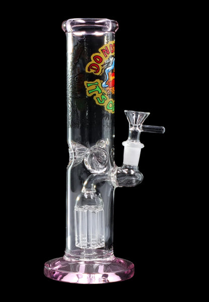 Pink glass water pipe with diffusion perc and graphic design.