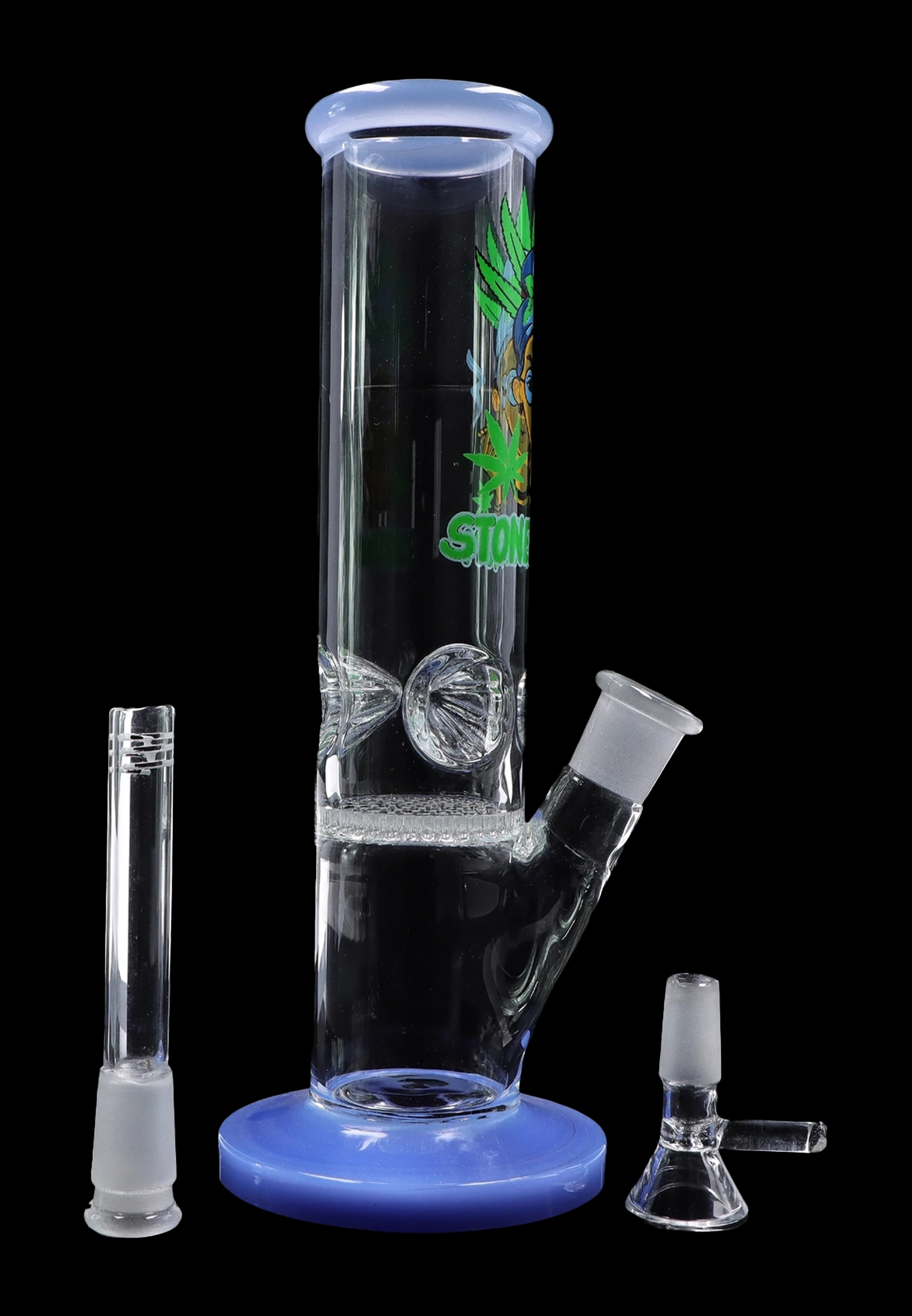 Blue glass water pipe (bong) with ice catcher and accompanying glass downstem and bowl, against a black background.