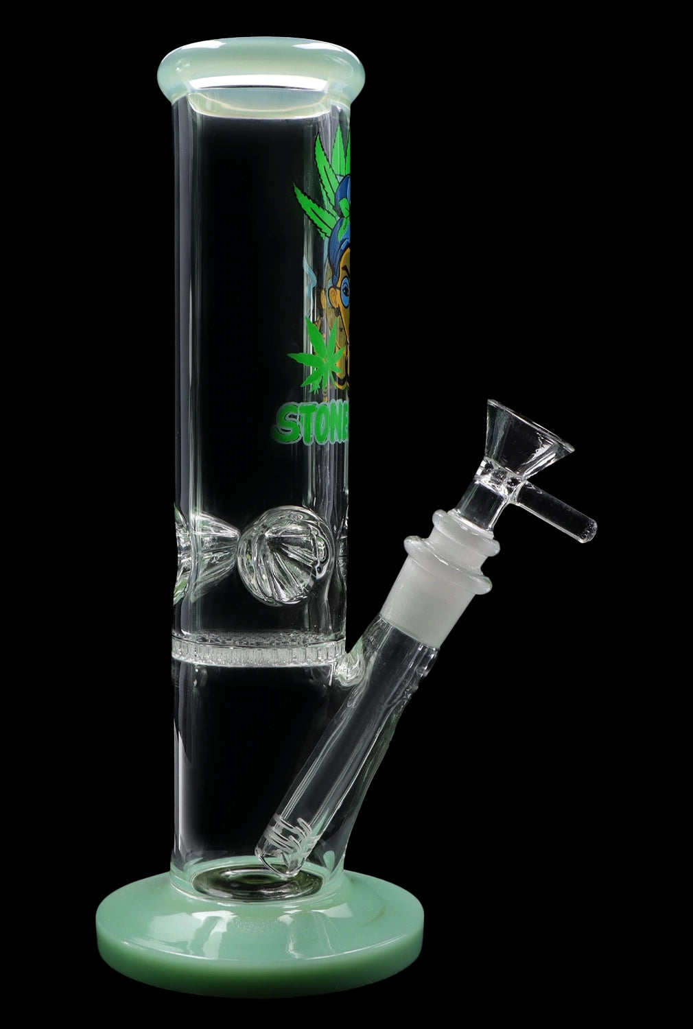 Green glass water pipe (bong) with ice catch and cannabis leaf design.