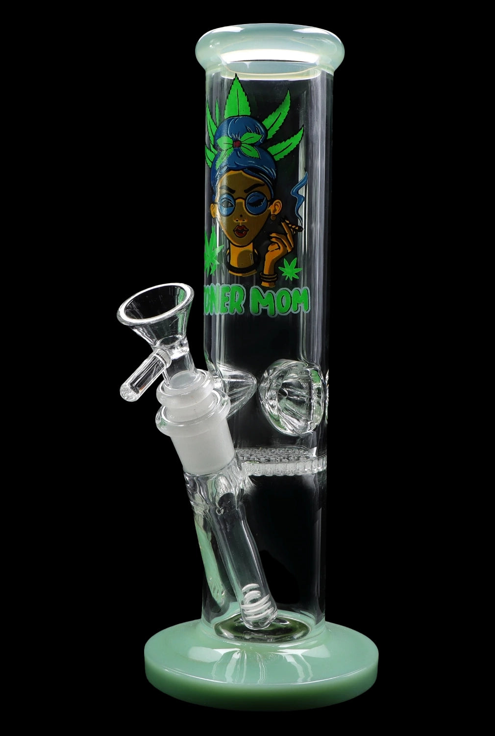 Mint green glass bong with colorful cartoon illustration and ice catcher perc.