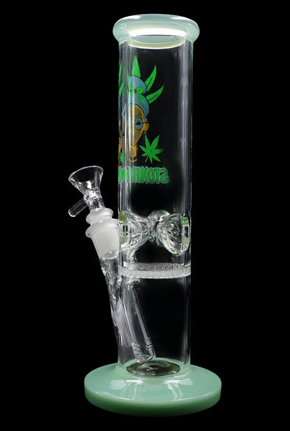 Green glass bong with percolator and cannabis-themed graphic.