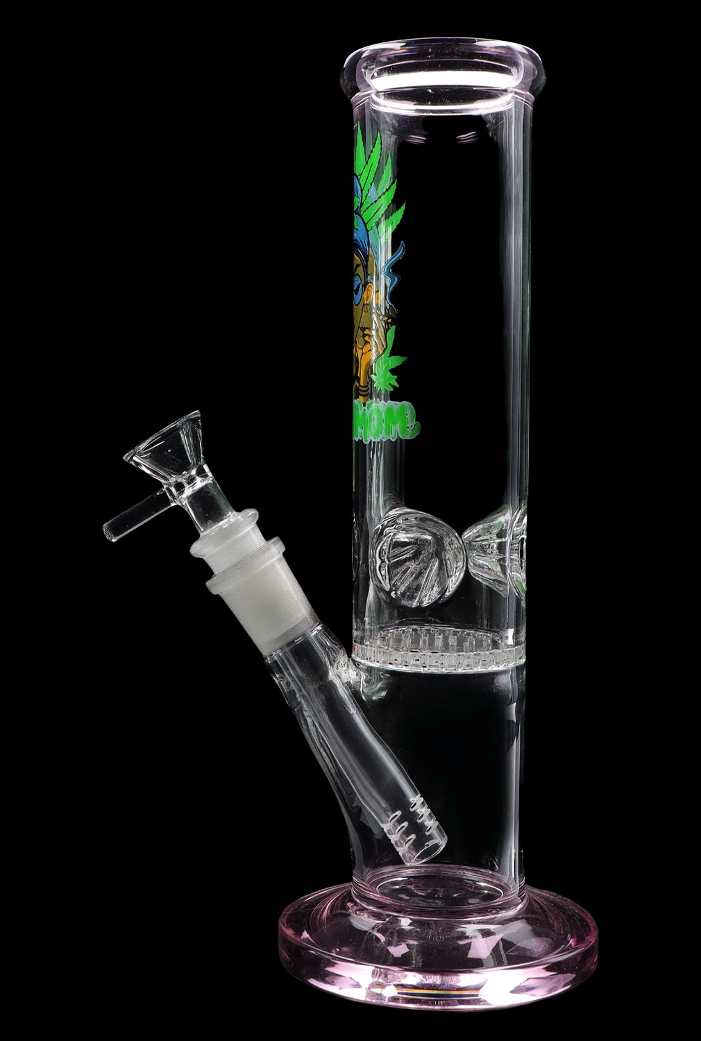 Glass water pipe (bong) with colorful artwork and ice catcher percolators, against a black background.