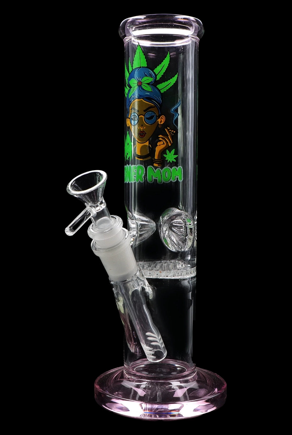 Pink glass water pipe with cannabis leaf and portrait graphics, and detachable downstem.