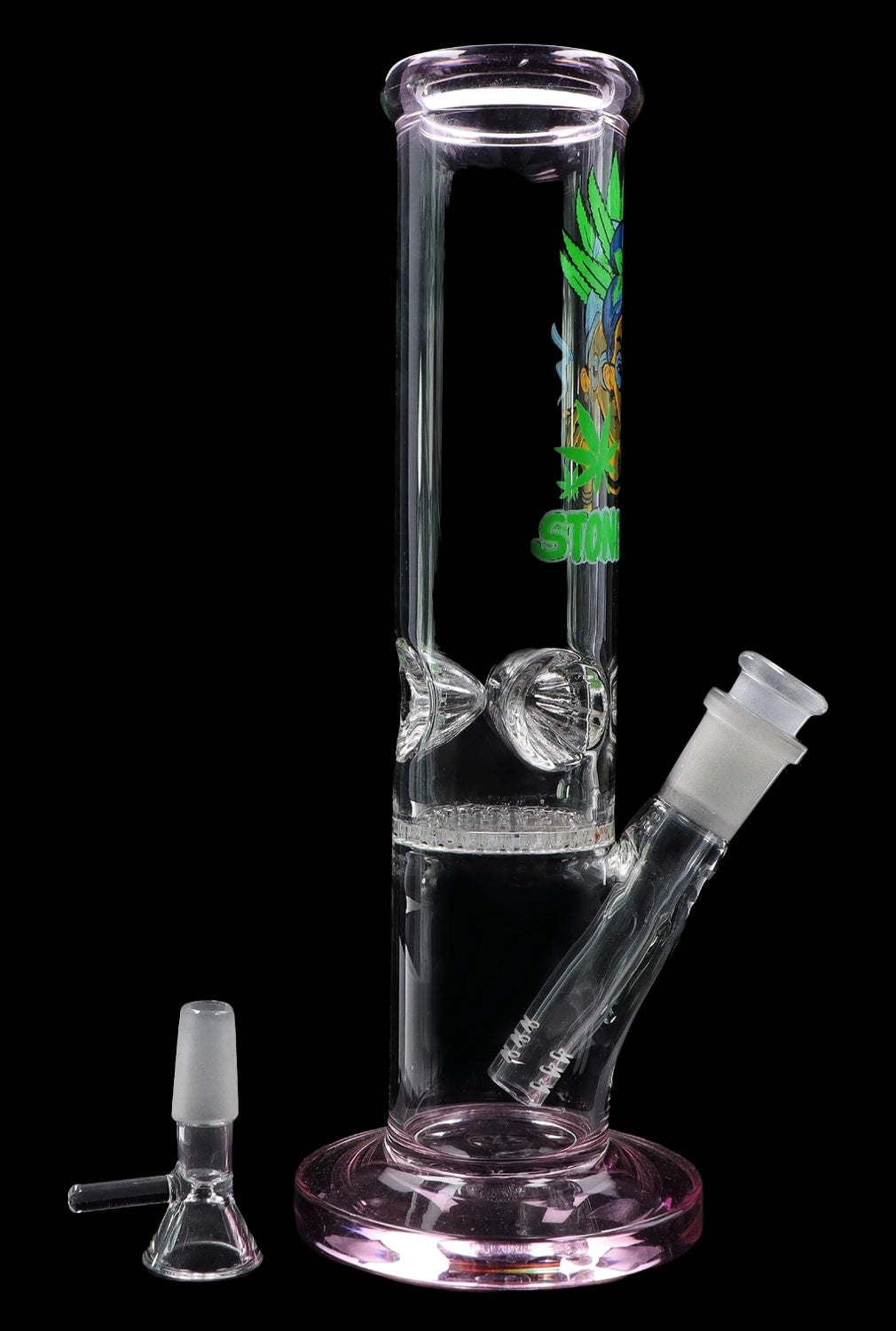 Glass bong with percolator and detachable downstem, isolated on a black background.