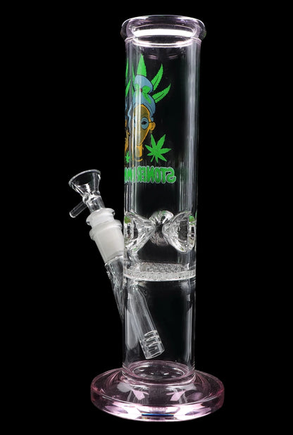 Glass bong with cannabis leaf graphics and percolators.