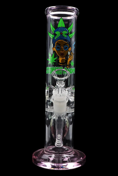 Glass water pipe (bong) with colorful cartoon graphics and a glass bowl.