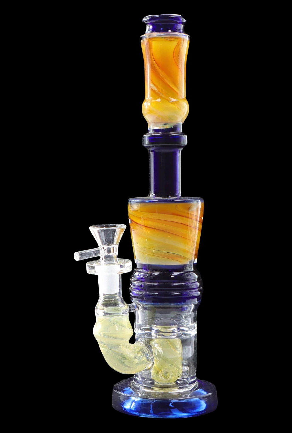 Blue and amber glass water pipe (bong) with intricate swirling patterns.