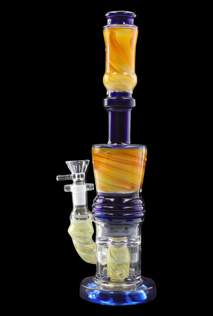 A front view of the 11-inch Galaxy Color Water Pipe with Showerhead Perc, showcasing its clear glass and unique color swirls.