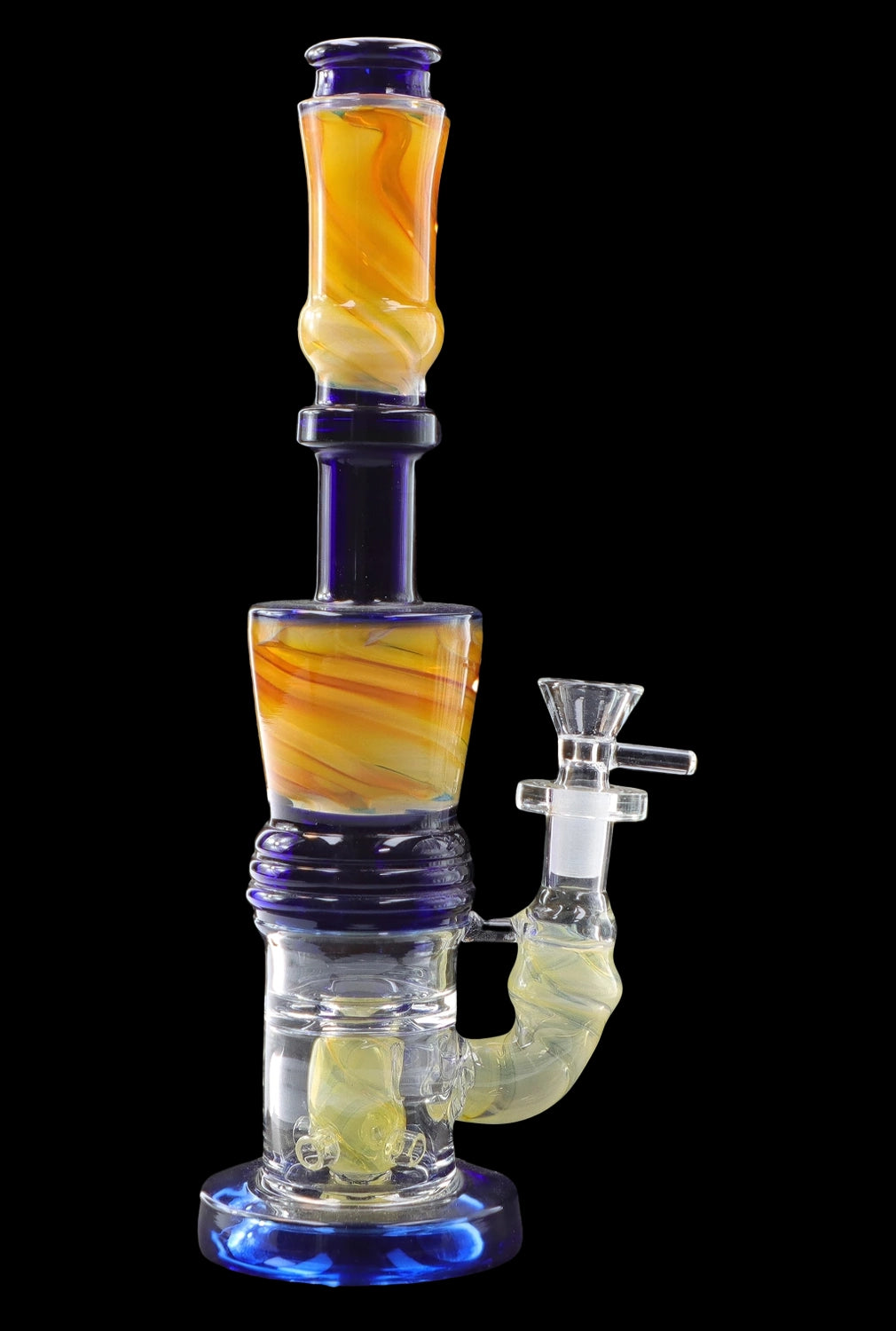Blue and amber glass water pipe (bong) with intricate swirling patterns and a glass bowl.