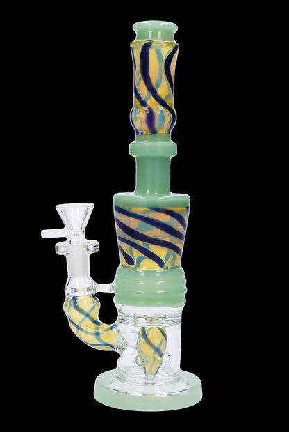Green glass water pipe (bong) with blue and yellow swirling patterns.