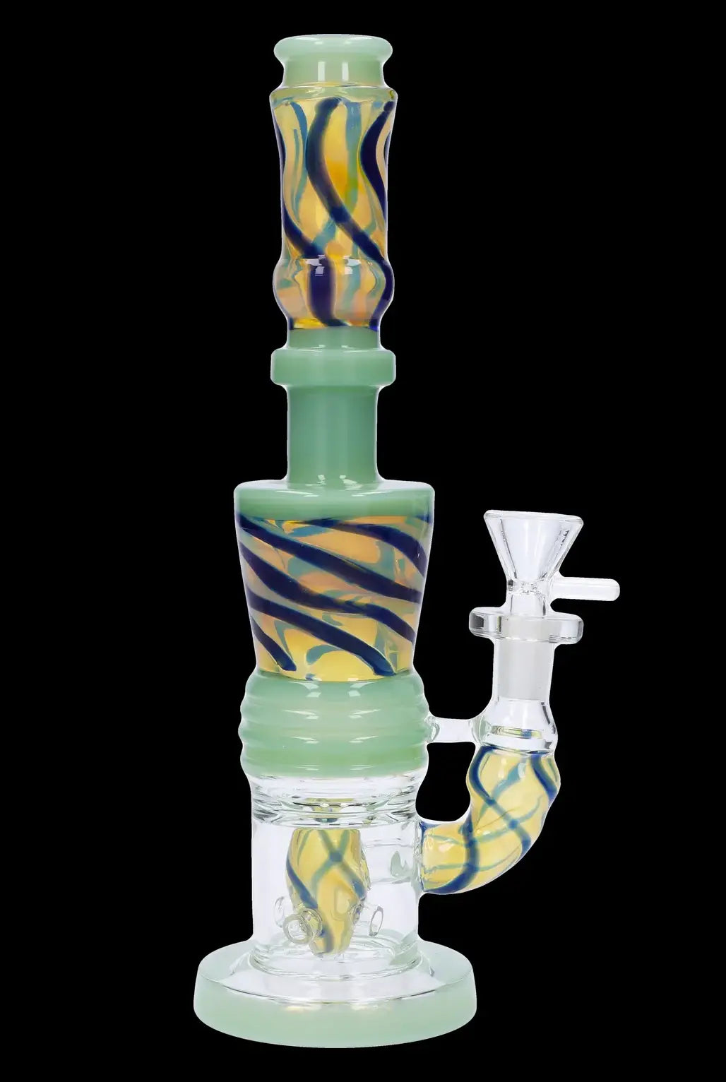 Green glass water pipe (bong) with orange and blue swirls.