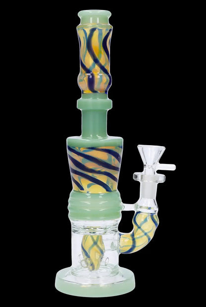 Green glass water pipe (bong) with orange and blue swirls.