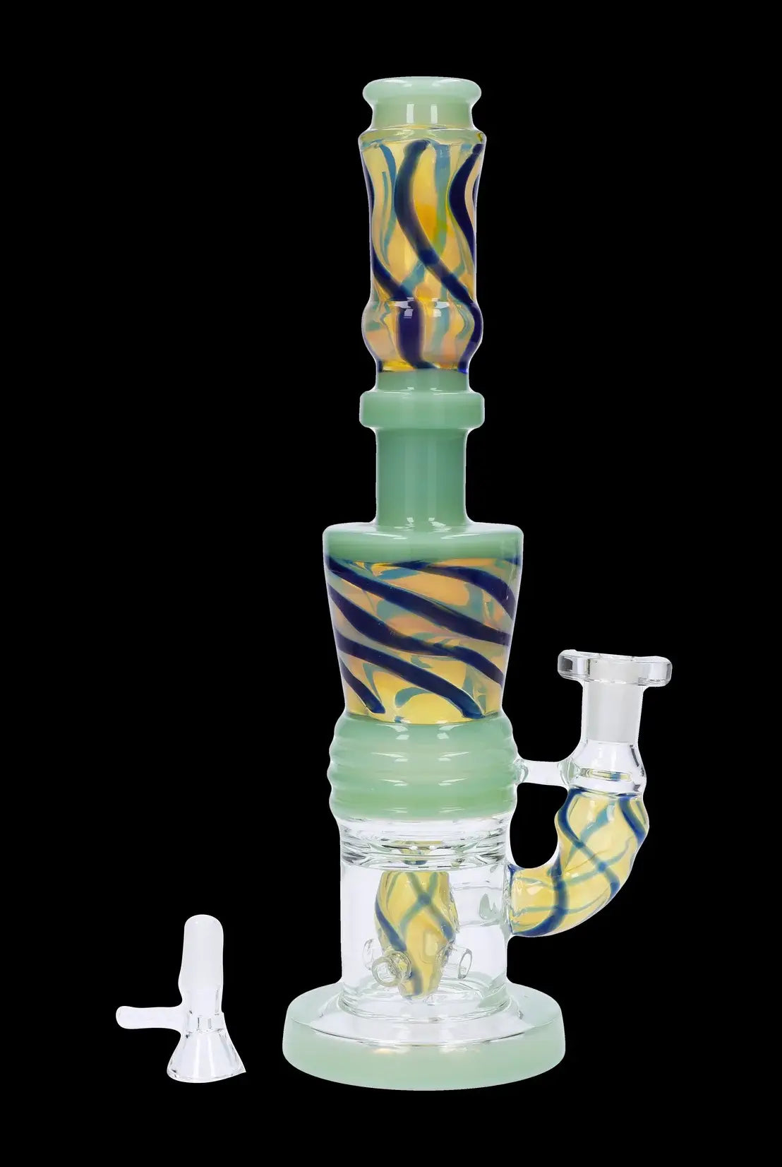 Green glass water pipe with swirling orange and blue accents, and a separate glass bowl.