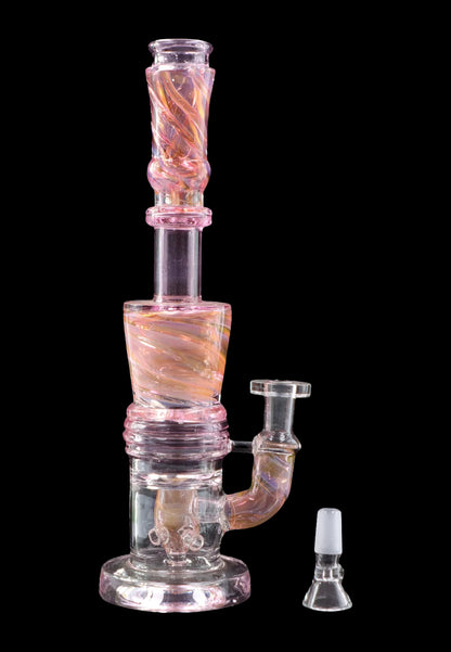 Front view of the 11-inch Galaxy Color Water Pipe with Showerhead Perc, showcasing its curved form and clear glass construction.