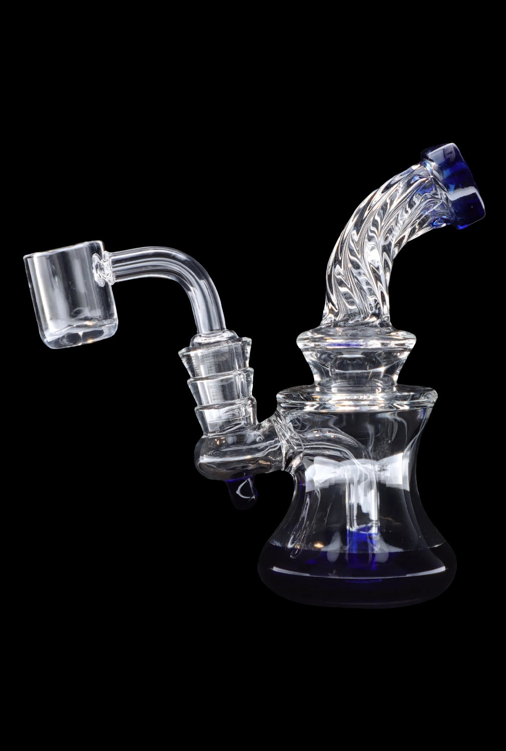 Clear glass dab rig with blue accents and a quartz banger.