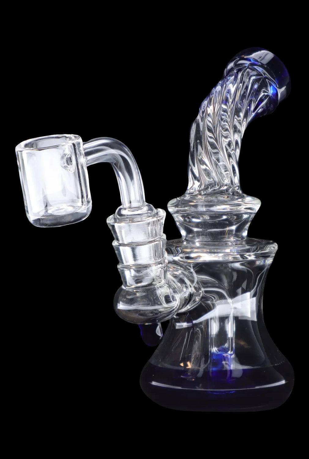 Clear glass dab rig with blue accents and quartz banger.