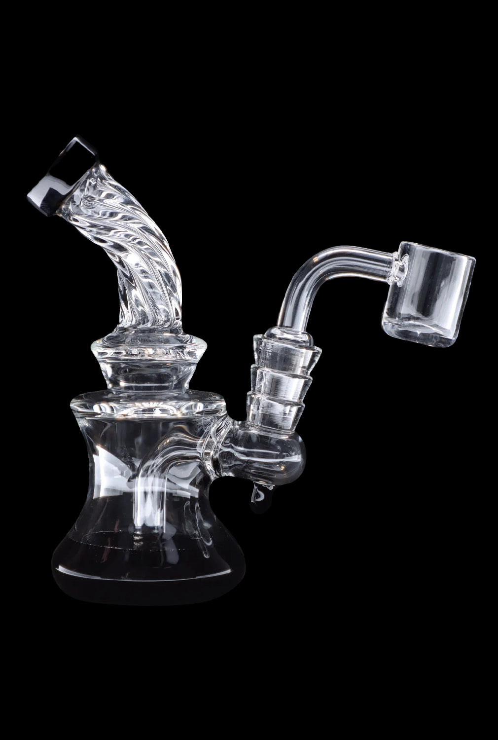 Clear glass dab rig with a quartz banger, isolated on a black background.