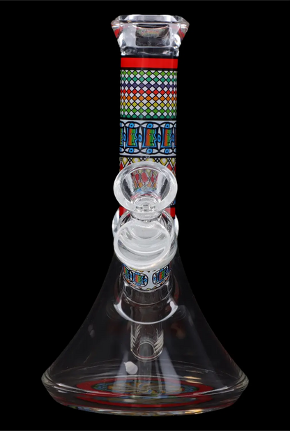 Colorful glass water pipe with percolators, studio shot on a black background.