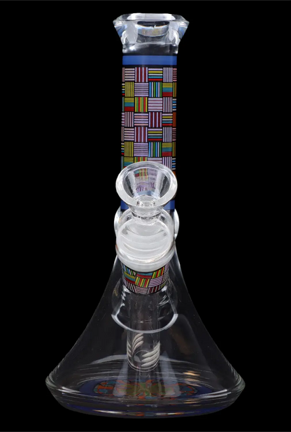 Glass bong with colorful geometric patterns and percolator.