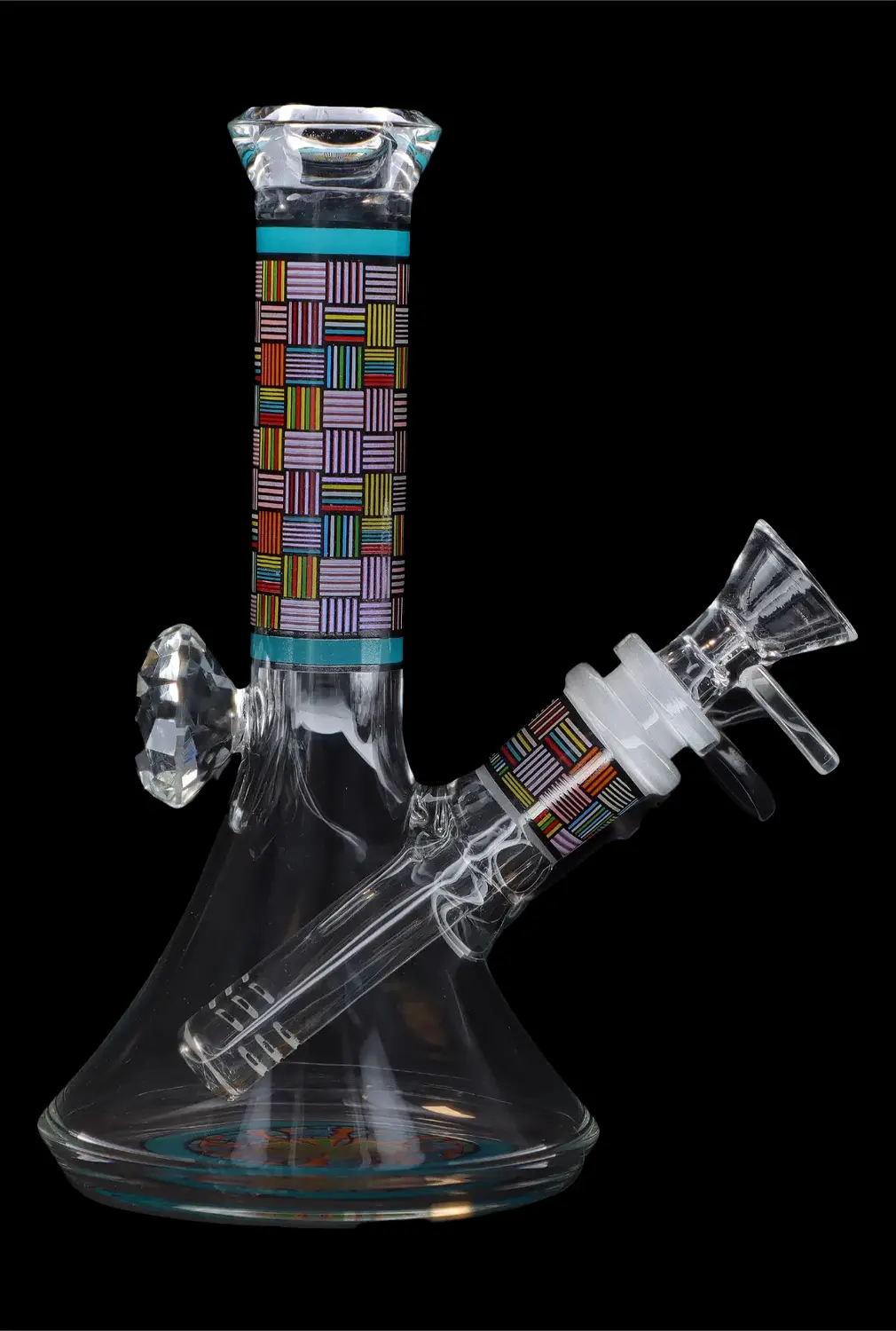 Glass water pipe (bong) with colorful geometric patterns against a black background.