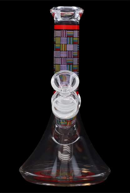 Glass bong with colorful geometric patterns and percolators, isolated on a black background.