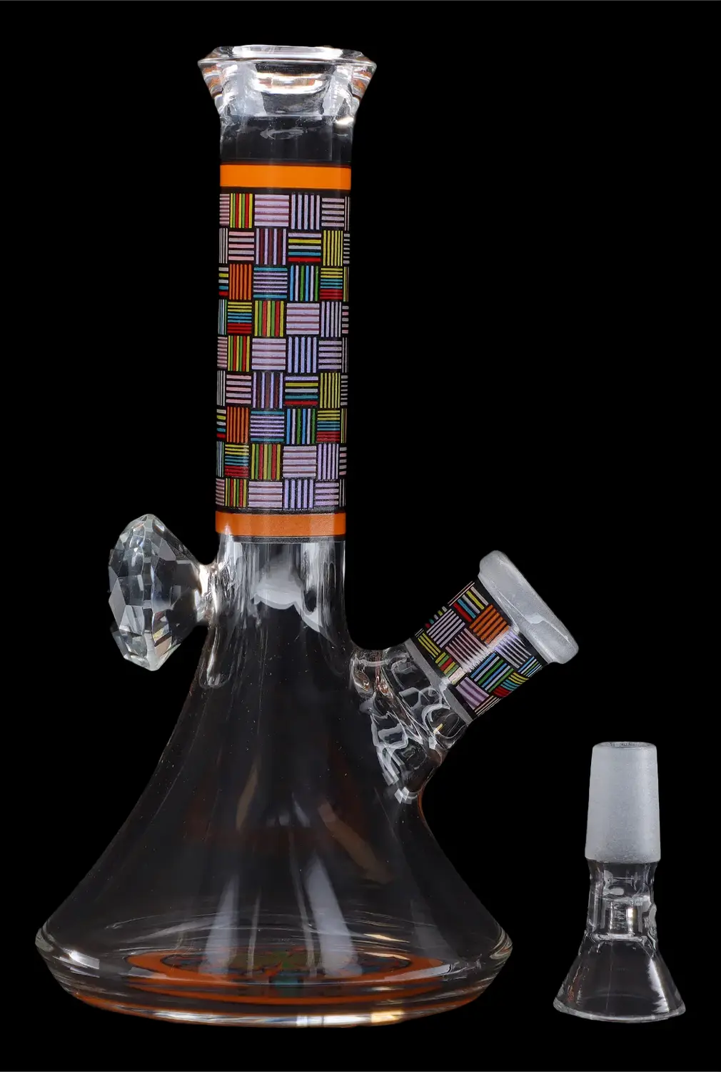 Glass water pipe (bong) with colorful geometric patterns and detachable downstem, isolated on a black background.