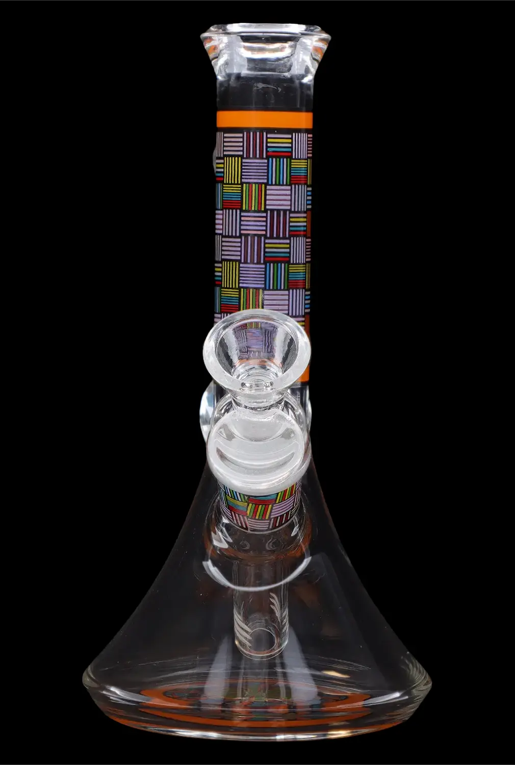 Glass water pipe (bong) with colorful geometric patterns and a clear glass bowl.
