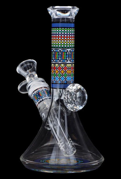 A front view of the 7-inch Diamond Beaker w/ Colourful Tube, showcasing its clear glass construction and vibrant tube design.