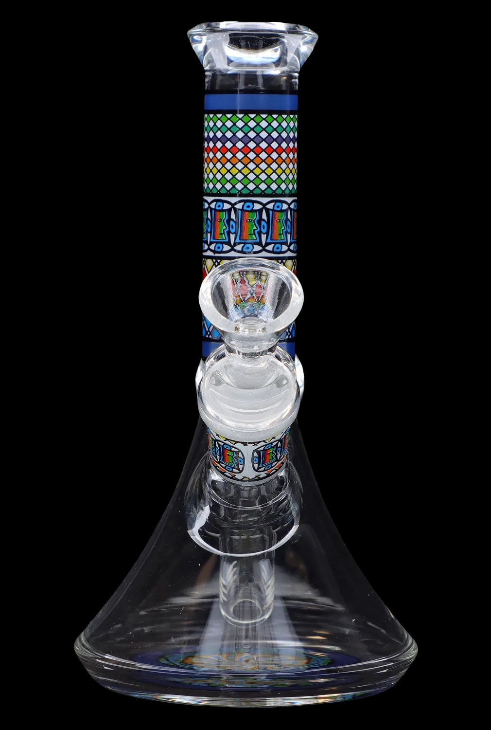 Front view of the 7-inch Diamond Beaker w/ Colourful Tube, showcasing a glass beaker with a vibrant, patterned tube section.