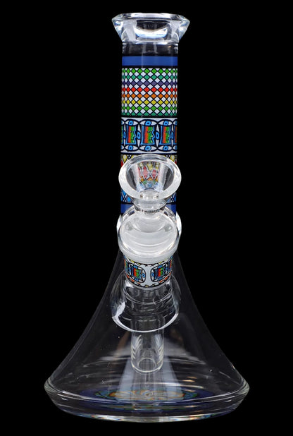 Front view of the 7-inch Diamond Beaker w/ Colourful Tube, showcasing a glass beaker with a vibrant, patterned tube section.
